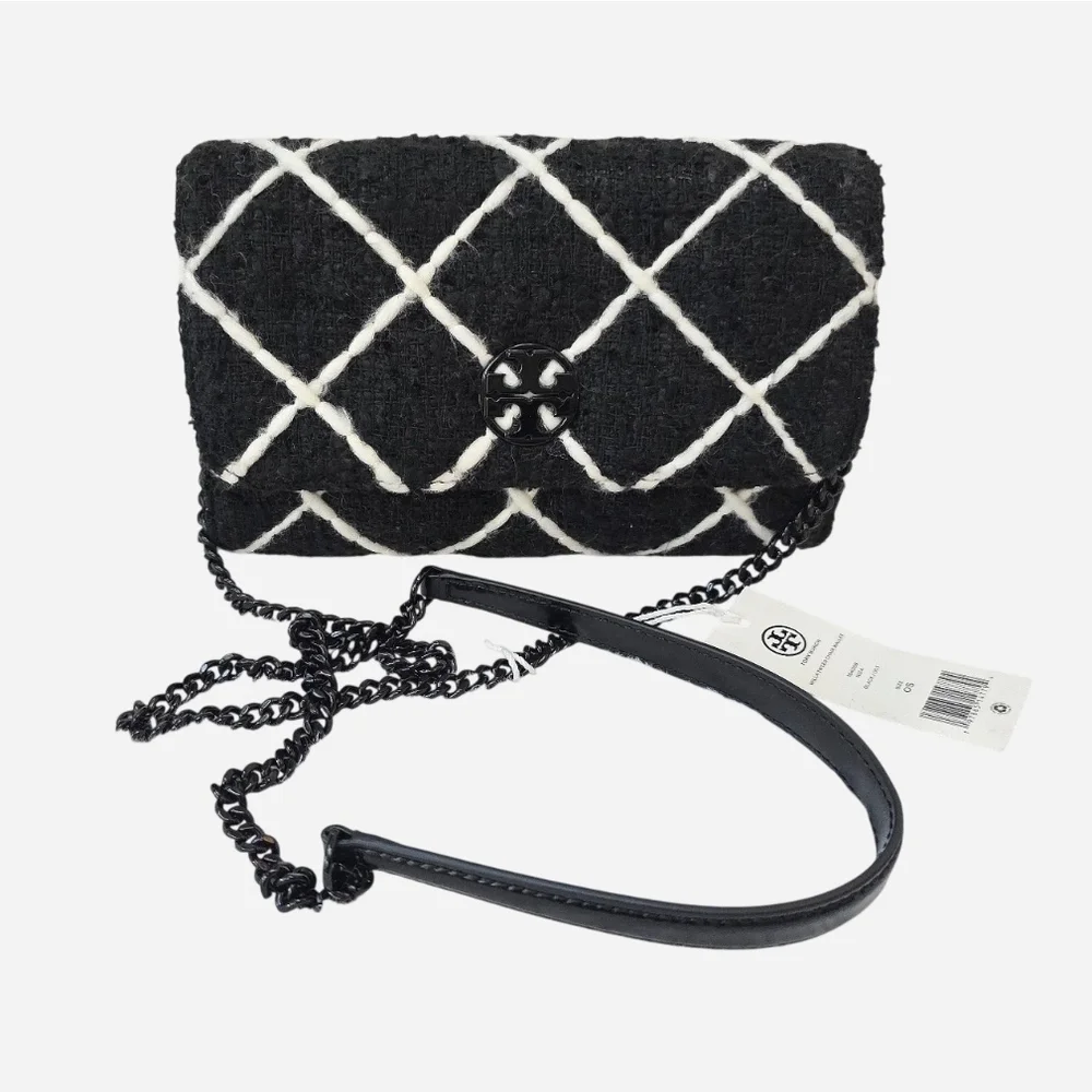 Tory Burch Willa Black and White Tweed + Leather Crossbody Flap Bag